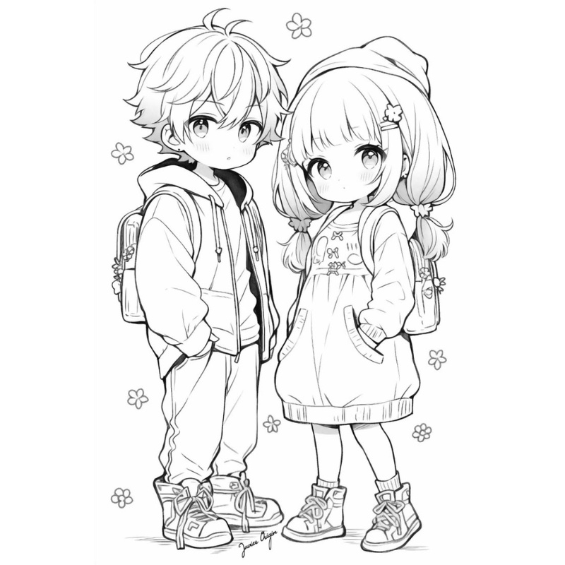 In hình tô màu anime cặp đôi dễ thương
