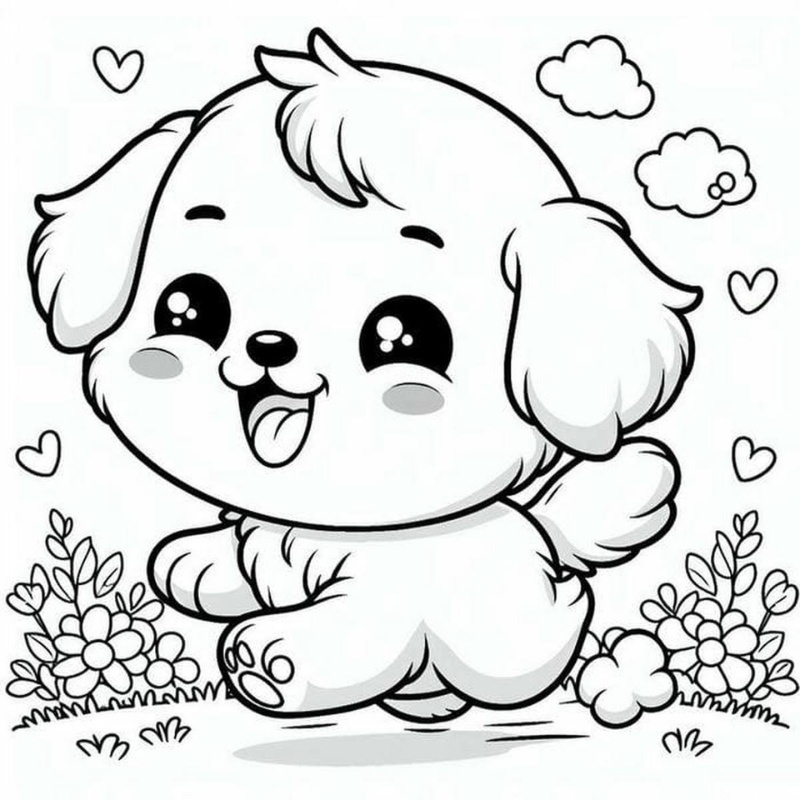 Tranh tô màu con chó tung tăng trong vườn hoa