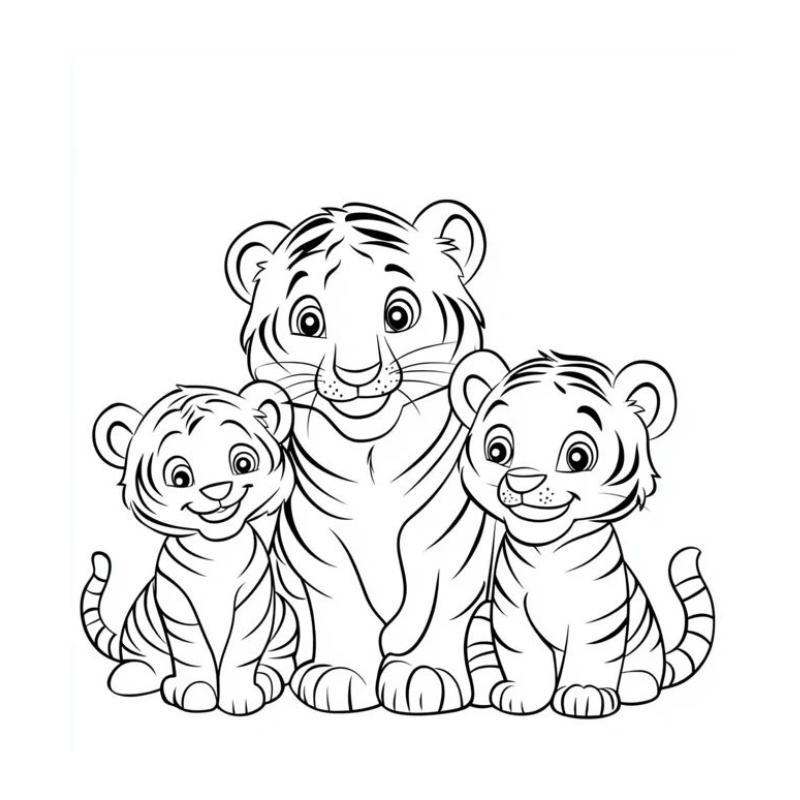 Tranh vẽ hổ mẹ và hổ con vui vẻ bên nhau