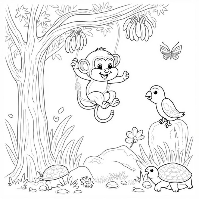 Con khỉ tô màu vui chơi trong rừng