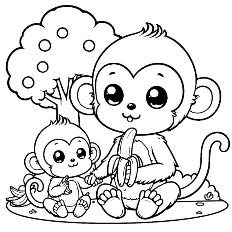 Ảnh mẹ con nhà khỉ ăn chuối cho bé tập tô