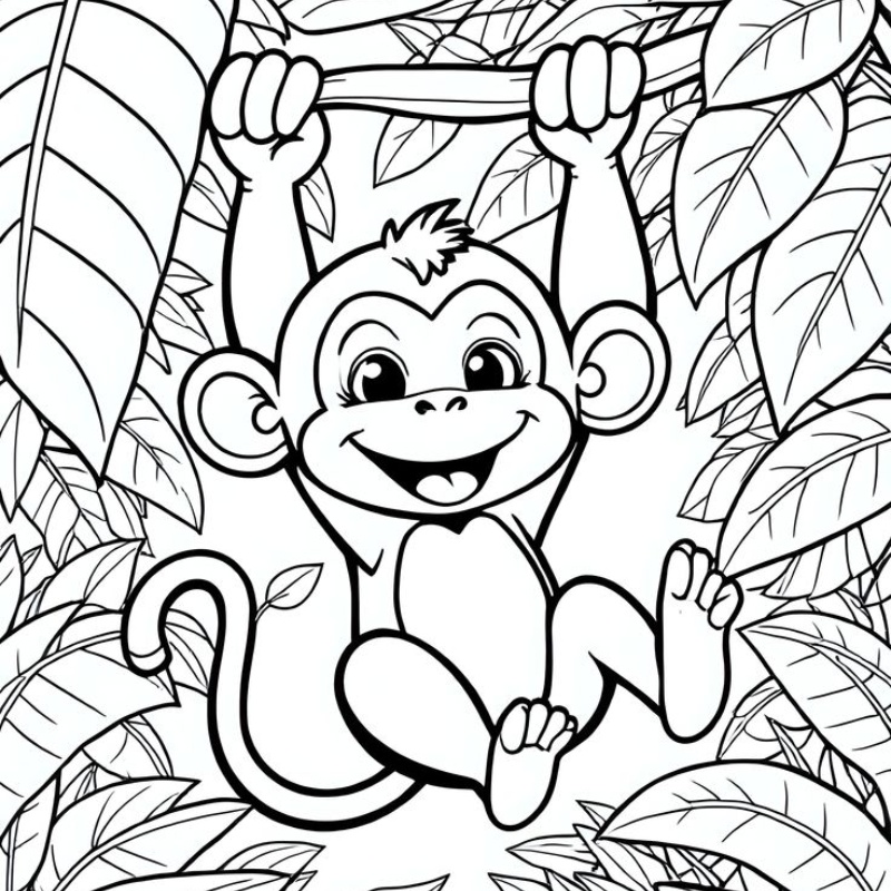 Tranh tô màu con khỉ dễ thương đang leo trèo