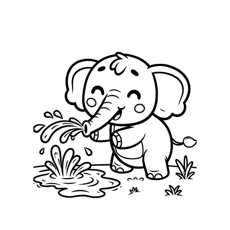 Tranh tô màu con voi vui đùa với nước